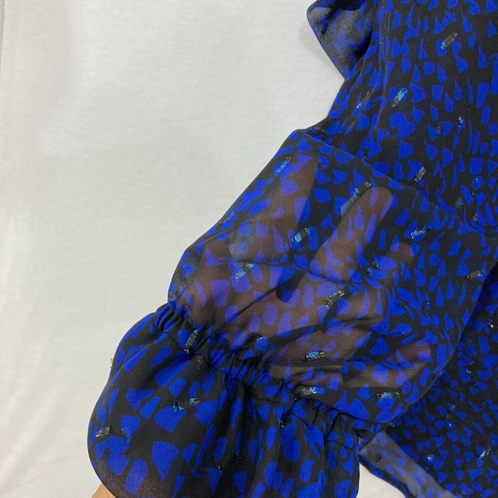 Chico's size 16 Black Blue Abstract Print Ruffle Sheer Swiss Dot Button Down - Picture 11 of 12